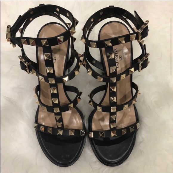 Valentino Shoes - VALENTINO Black & Gold Rockstud Block Heel Sandals
